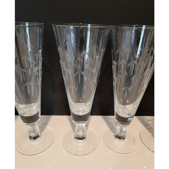 VTG Etched Bamboo Cut Crystal Glasses Set of 5 Tall‎ Pilsners Retro MCM Barware - Picture 5 of 12
